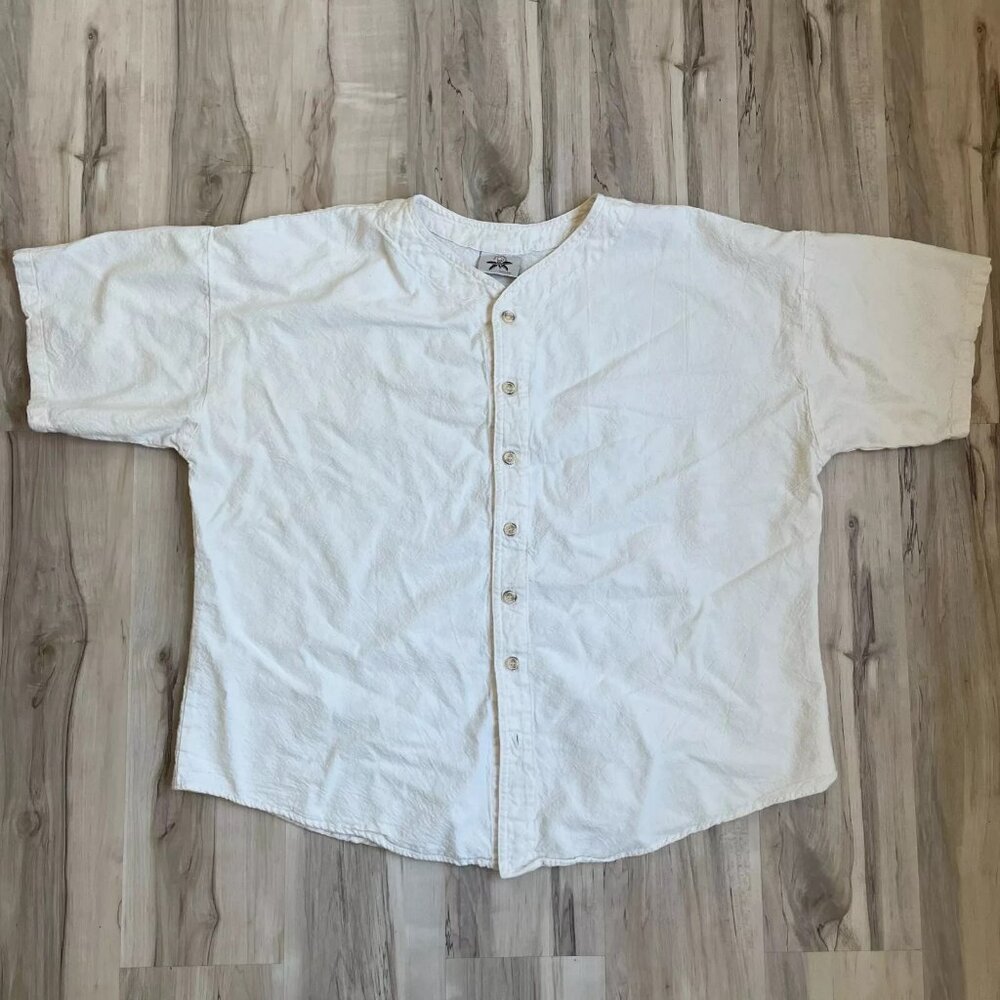 Vintage Cotton Palm Collarless Shirt Cream Mens 2XL